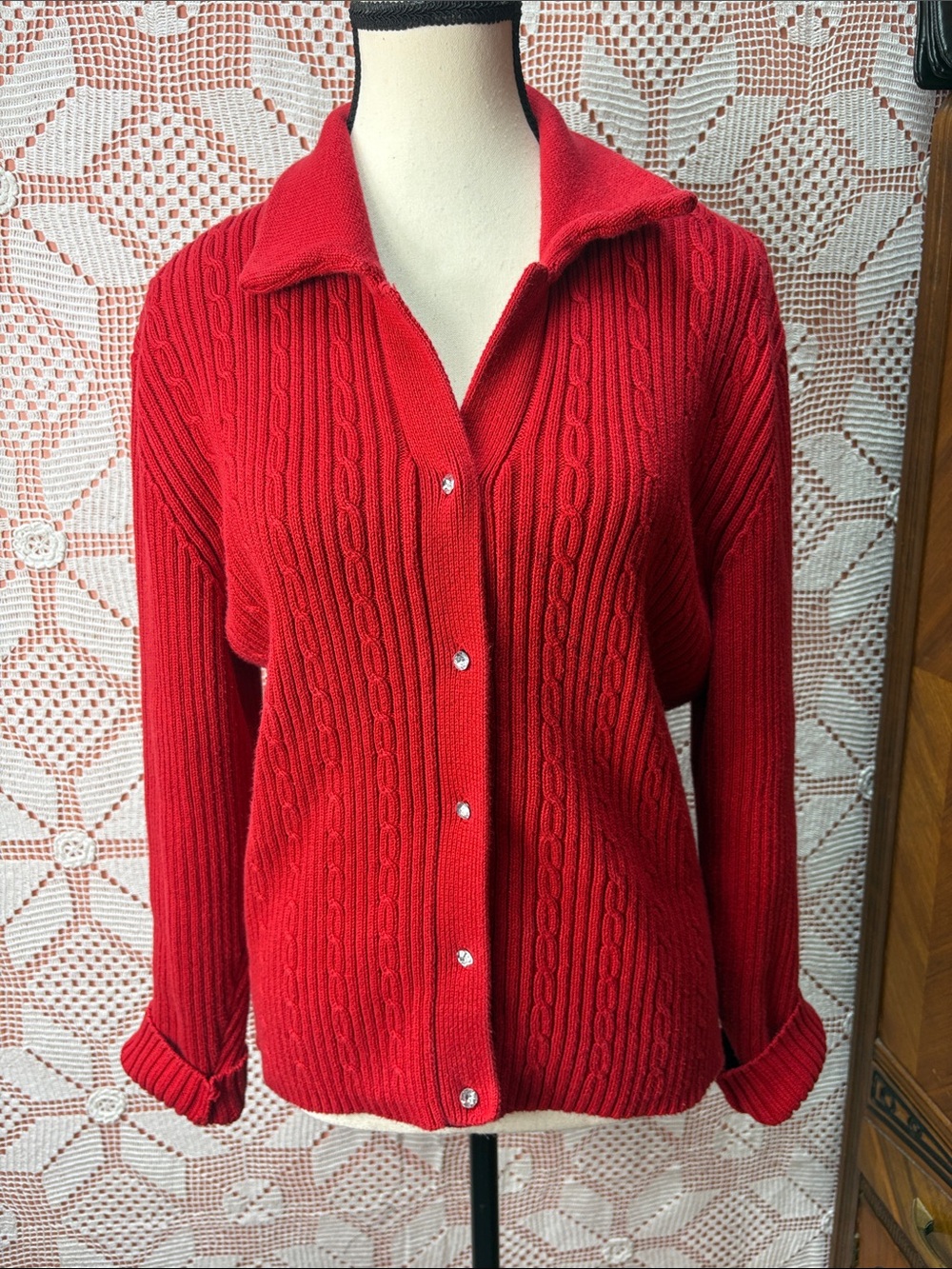 Vintage Rainbow Bridge | 100% Cotton Red Knit Cardigan
